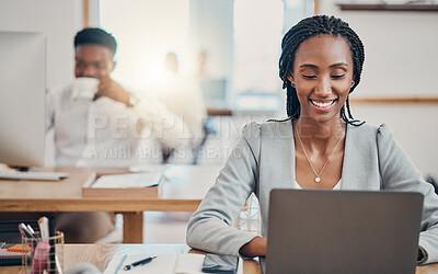 Buy stock photo Email, corporate and black woman typing a proposal on the internet on a laptop in an office at work. African employee working on the web and planning a strategy for marketing company on a computer