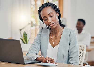 Buy stock photo Accounting, business and black woman typing on calculator while working on the web in office at work. African accountant working and planning in finance on a laptop for financial corporate company