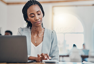 Buy stock photo Financial advisor, corporate accountant and african woman in office. Budget planning, online bookkeeping report and 5g internet technology banking, professional loan and  investment consultant

