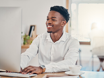 Buy stock photo Computer, typing and black man working in the office, doing research and writing emails. Technology, work and businessman with smile on face in workspace for innovation, internet and startup company 