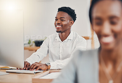 Buy stock photo Happy employee, working on computer at desk online and writing business email on keyboard. Team communication, staff productivity at office and workplace are important for marketing business success 