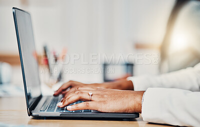 Buy stock photo Hands, black woman and typing on laptop at office, planning financial business strategy email for tech company. African sales accountant, pc keyboard and working on finance online internet documents