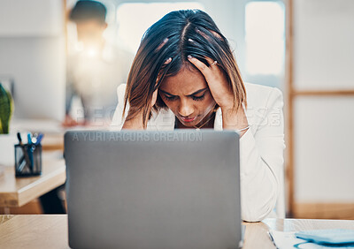 Buy stock photo Headache, stress and business woman with burnout from work problem on a laptop in an office. Sad, tired and Indian corporate worker with anxiety while working on internet on a computer at her desk