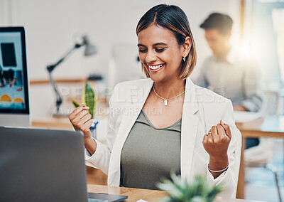Buy stock photo Business woman, winner and celebrate success with a sale or positive customer service and review. Indian worker in office satisfied with project and data, yes, and happy with her work at desk. 