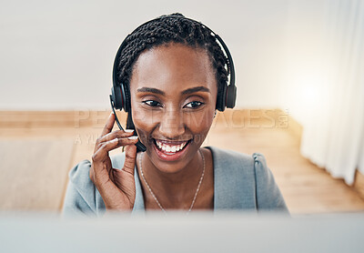 Buy stock photo Black woman, call center and customer support consultant working with crm strategy in an office. Ecommerce sales, telemarketing and african hotline agent consulting online with headset and technology