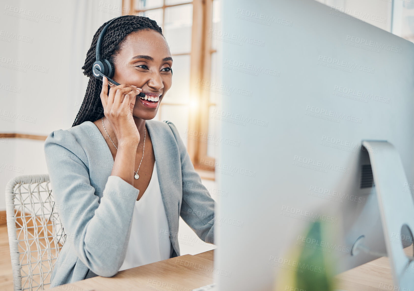 Buy stock photo Call center, contact us and black woman in insurance telemarketing helping, consulting and in communication. Smile, conversation and sales agent working in a customer support business office speaking