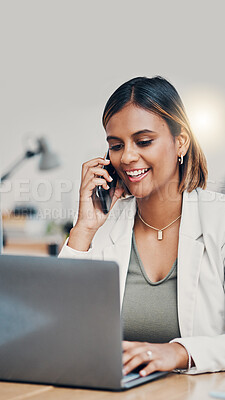 Buy stock photo Business woman, phone call and laptop with happy CRM worker doing online communication for contact us or company website. Corporate office professional female networking with internet and technology