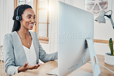 Buy stock photo Telemarketing, computer video call and black woman consulting, give sales pitch or doing work from home. Happy, headset and remote call center consultant in communication for online help desk support