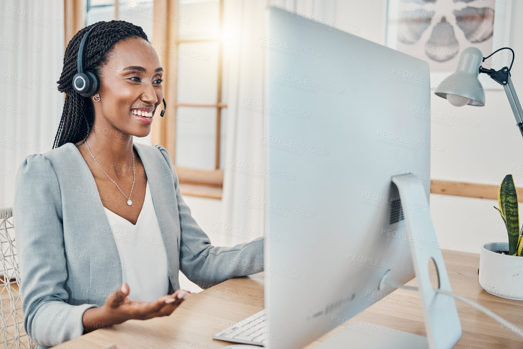 Buy stock photo Telemarketing, computer video call and black woman consulting, give sales pitch or doing work from home. Happy, headset and remote call center consultant in communication for online help desk support