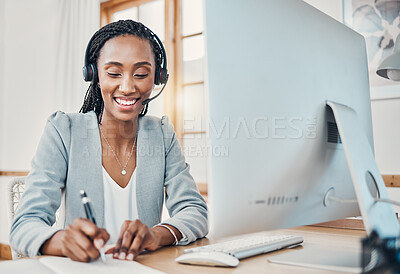 Buy stock photo Call center manager, crm or customer service worker consulting, contact us and telemarketing with client in office. Happy working, support consultant or employee writing and planning with headset
