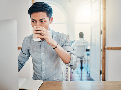 Buy stock photo Coffee, computer and notebook with a business man thinking while working at his office desk. Idea, email and report with a male asian employee at work online in his creative or design startup
