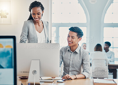 Buy stock photo Employees, coworkers and training with computer doing research, speaking about project outcome and analysis at office desk. Smile, Asian man and black woman planning an online company strategy