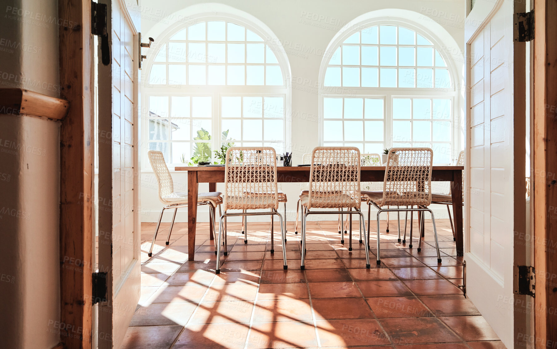 Buy stock photo Restaurant, room and luxury table with furniture for fine dining, lunch or dinner with window for natural light mockup. Empty, living room and space for party, interior design or decor in sunshine