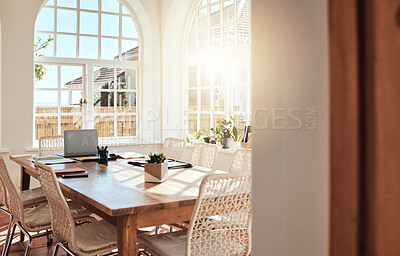 Buy stock photo Empty, wood and luxury dining room interior design in summer at a hotel, house or apartment with an elegant style. Hardwood table, furniture and chairs with sunlight from window in a modern home 