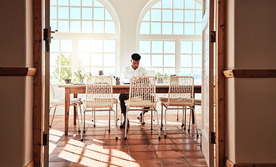 Buy stock photo Working, man and alone at conference desk with notebook waiting for meeting in sunny office. Professional African worker preparation at empty boardroom table and workspace with sunshine.

