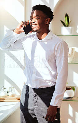 Buy stock photo Communication, happy and black man on a phone call networking and talking about a startup company in an office. Smile, businessman or entrepreneur in conversation about success and vision on a break
