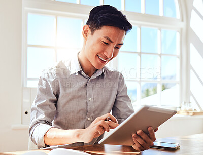 Buy stock photo  Asian man, tablet and marketing manager doing online planning in a modern office while reading email communication. Happy startup businessman with smile, technology and social media project at work