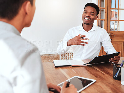Buy stock photo Accountant consulting an entrepreneur about company financial performance in an office using statistics. Finance advisor in a meeting about business growth strategy discussion with businessman 