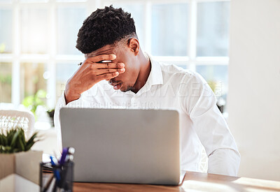 Buy stock photo Burnout, headache and stress finance manager feeling sick, tired and anxiety about a financial problem at his startup company. Tired and frustrated professional businessman working at an office