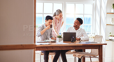 Buy stock photo Diversity, meeting and business people planning a strategy for a sales, advertising and marketing agency. Collaboration, teamwork and creative employees working on digital logo branding project ideas