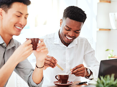Buy stock photo Business meeting, working and men with coffee and laptop in cafe. Diversity, black man and Asian man in coffee shop, smiling and drinking tea on social business venture for global startup company 