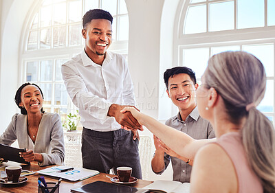 Buy stock photo Handshake, networking and business people meeting about corporate partnership in office at work. Happy marketing employees planning a collaboration, shaking hands for welcome and support for manager