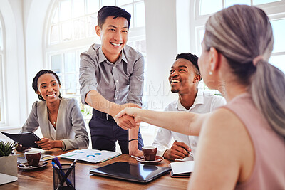 Buy stock photo Handshake, meeting and business people happy with welcome to a corporate marketing company at work. Employees shaking hands for partnership deal, client collaboration and team support in an office