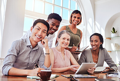 Buy stock photo Diversity, team and business meeting for planning, research and strategy together in office at desk. Multiracial, brainstorm and group working on creative ideas, talking or conversation about project