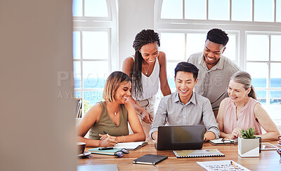 Buy stock photo Collaboration, teamwork and meeting with business people with laptop for project management, consulting and marketing strategy of startup. Goals, vision and growth with employees and digital review