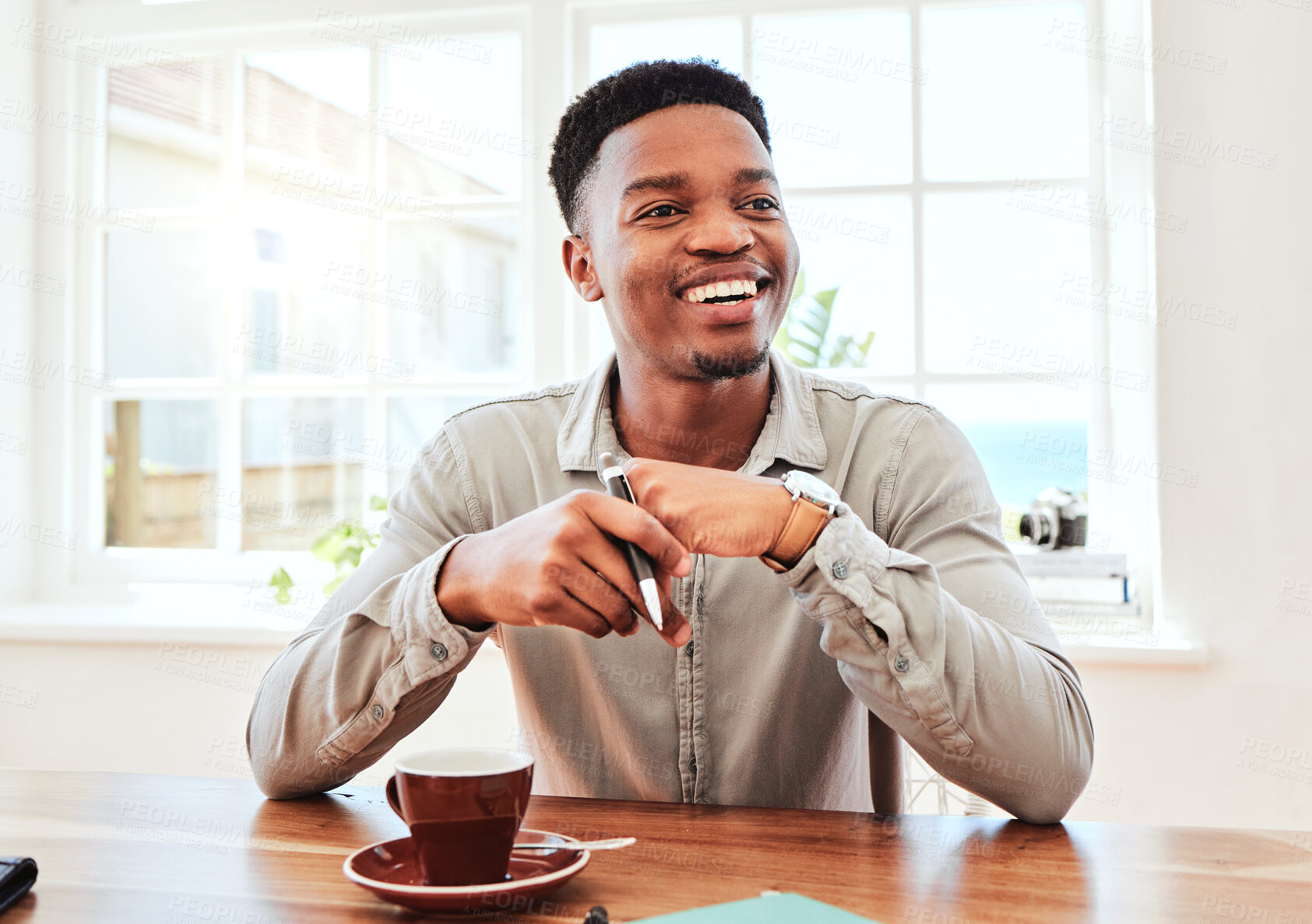 Buy stock photo Black man, thinking and vision of company future and take notes or create business strategy in office. Corporate employee writing notes at meeting, training seminar and morning management conference 