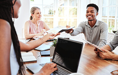 Buy stock photo Documents, collaboration and business people in a meeting planning creative marketing, advertising and logo branding. Team, diversity and black woman giving a happy man portfolio report paperwork