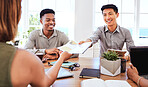 Report, meeting and business team talking about a document at a marketing company together. Corporate employees in discussion about paperwork with data and charts about agency growth at work