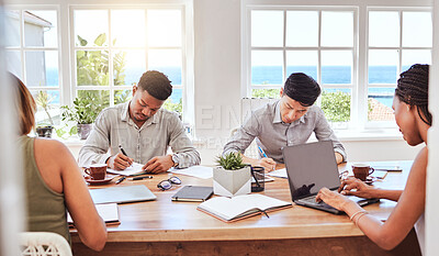 Buy stock photo Meeting, people and diversity in office at table for strategy, vision and planning for business. Team, laptop and notebook on desk in collaboration, teamwork and business meeting at marketing company