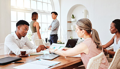 Buy stock photo Business people, analytics and meeting for team collaboration or discussion of company data at the office. Group of analysts in teamwork planning, strategy and marketing conversation at a conference