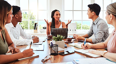 Buy stock photo Black woman, presentation and meeting for business collaboration ideas in team discussion for marketing at the office. African American female talking to employee people in teamwork planning at work