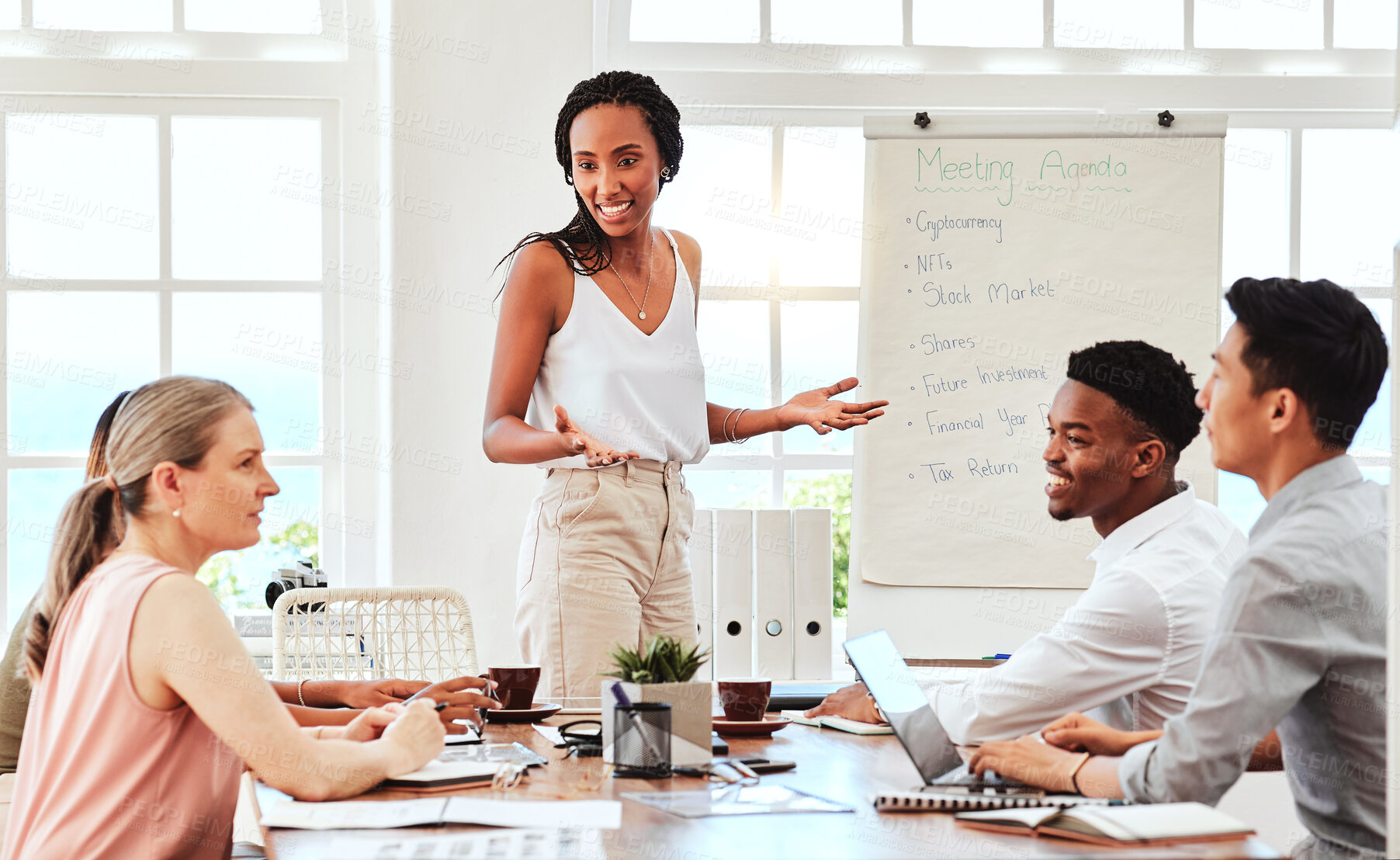 Buy stock photo Business team, startup and presentation with diversity employees and leader, coach or manager for teamwork training meeting. Men and women sitting at discussion for marketing discussion and planning