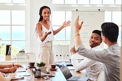 Buy stock photo Training, workshop and question with a black woman leader giving presentation in meeting for coaching, learning and data. Collaboration, strategy and teamwork with a man raising hand for interaction