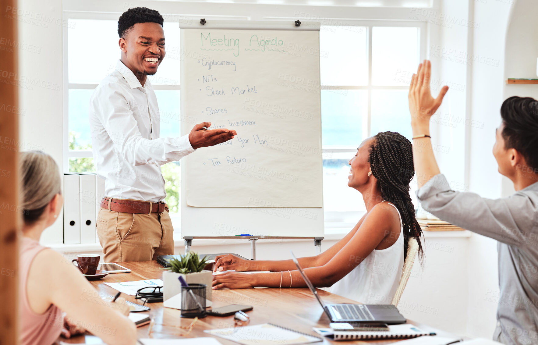 Buy stock photo Black man, presentation and question for team collaboration of employee hand with idea in office meeting. African American male in business discussion at conference for coaching in marketing company