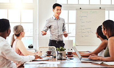 Buy stock photo Asian, businessman and coach in team presentation for strategy, ideas and meeting discussion at the office. Japanese leader man talking to diverse group of employee workers in conference for startup