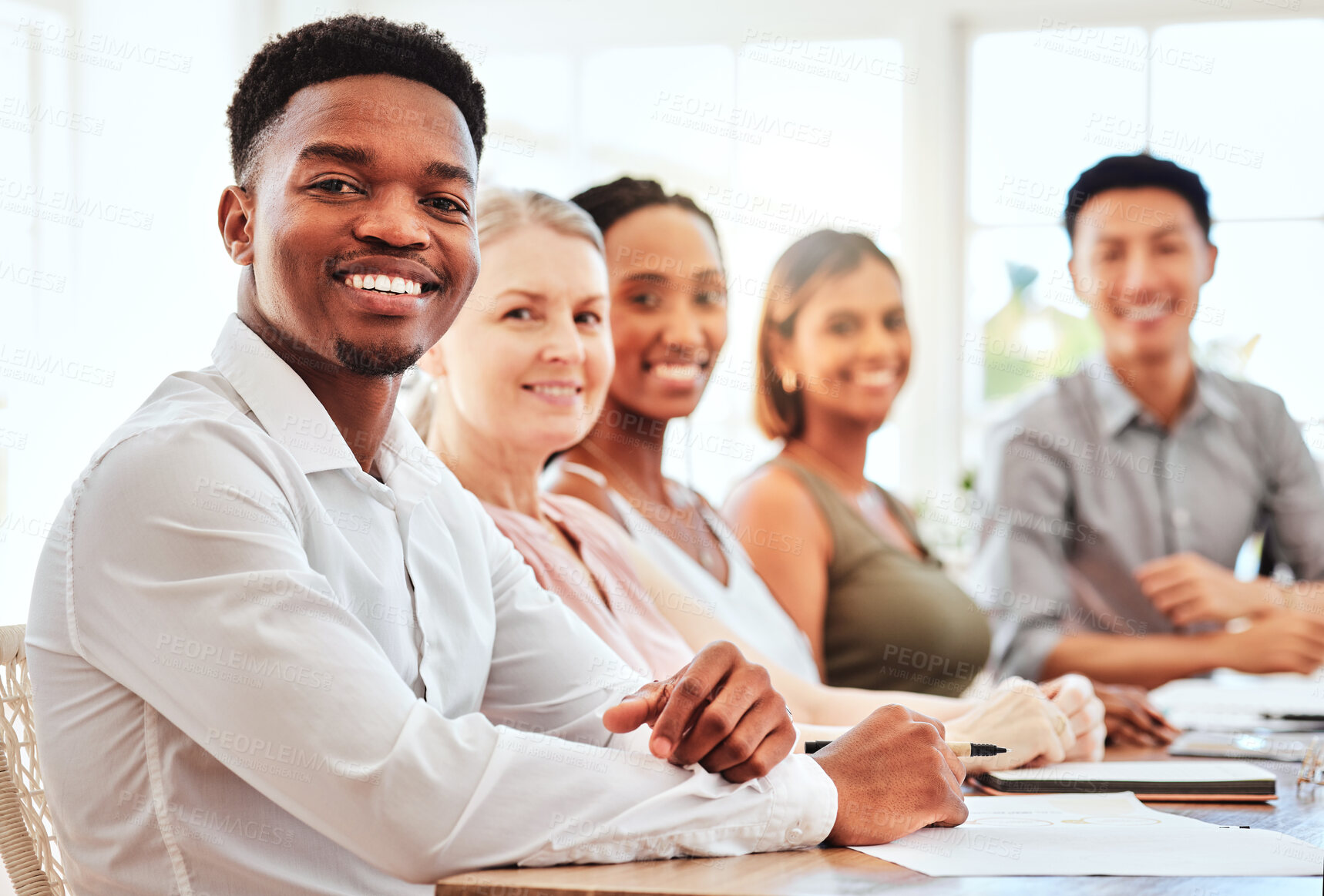 Buy stock photo Business team, training and audience diversity with happy employees at table for teamwork meeting, collaboration and office workshop. Portrait of men and women in row for motivation and presentation