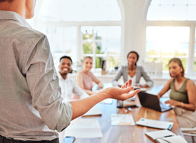 Buy stock photo Presentation, training and workshop with hand gesture of manager, leader or speaker coaching and teaching staff in boardroom meeting. Male coach talking to a business team, colleagues and investors