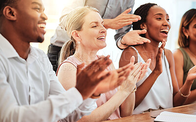 Buy stock photo Applause, success and team in celebration in a meeting clapping for reaching global sales or goals target. Smile, winning and business people cheering to celebrate support office workers achievement 