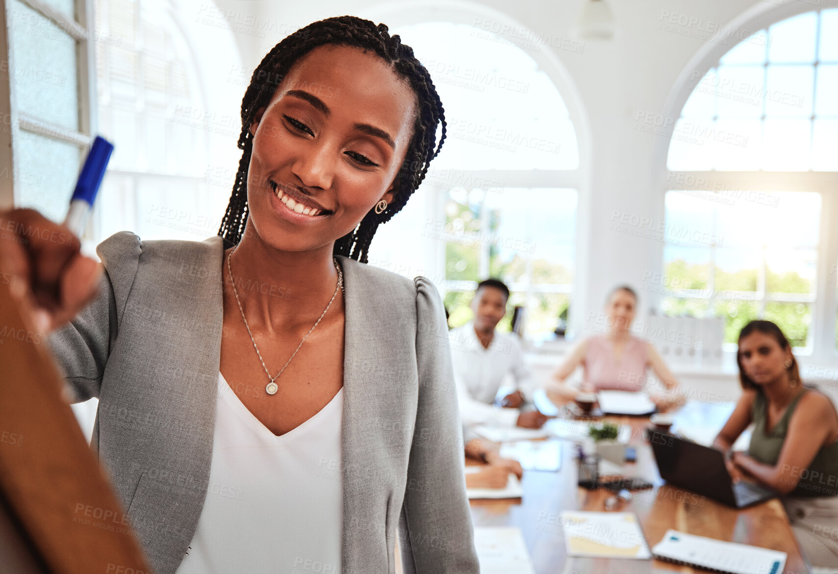 Buy stock photo Team, black woman and brainstorming writing on board for team meeting, idea or smile for planning or strategy in office. Group, teamwork or creative conversation, talk or discuss project in workspace