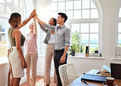 Buy stock photo Corporate, teamwork and high five for success in office for professional business project idea. Multiracial people happy with successful collaboration celebrate victory together in workplace.

