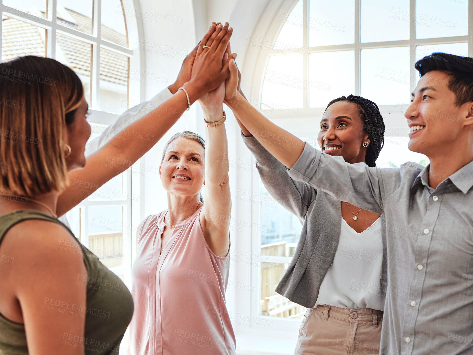 Buy stock photo Group, high five and collaboration success on business project in office conference room. Teamwork, celebration and happy employees with diversity, motivation and team building in a corporate meeting