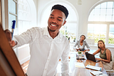 Buy stock photo Black man, writing on whiteboard and corporate presentation marketing strategy for startup business growth with confidence. Presenting speaker, planning advertising and vision with leadership skills 
