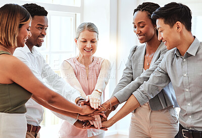 Buy stock photo Teamwork, collaboration hands and business people in office. Team building, unity and workers working together for goal, mission or startup vision in huddle circle for trust, support and motivation
