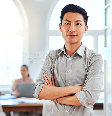 Buy stock photo Trust, proud and businessman portrait for Korea startup company in a office or workplace. Corporate asian manager, ceo or boss happy with career, vision for business development and goal for success