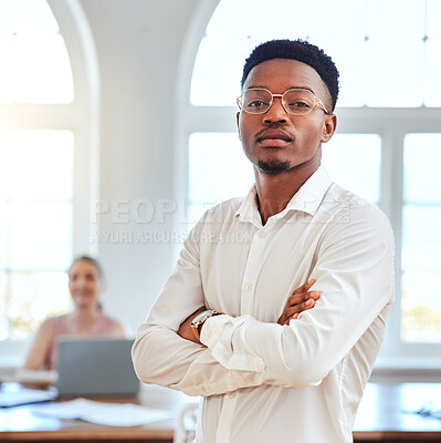 Buy stock photo Business, leadership and portrait of black man in office with serious and assertive expression. Manager, ceo and businessman working in city. Startup idea, vision and team leader in modern workplace