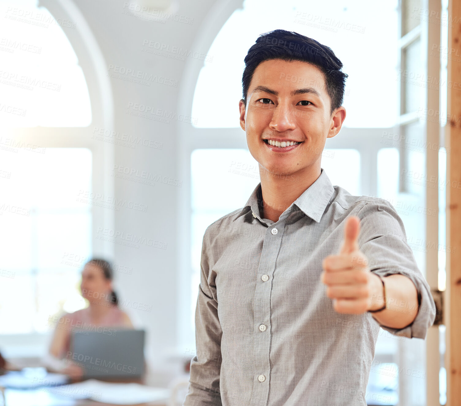 Buy stock photo Thumbs up, asian businessman portrait and manager success, support and trust in modern office. Happy leader celebrate winner, motivation and thank you feedback for goal, like emoji and yes vote hands